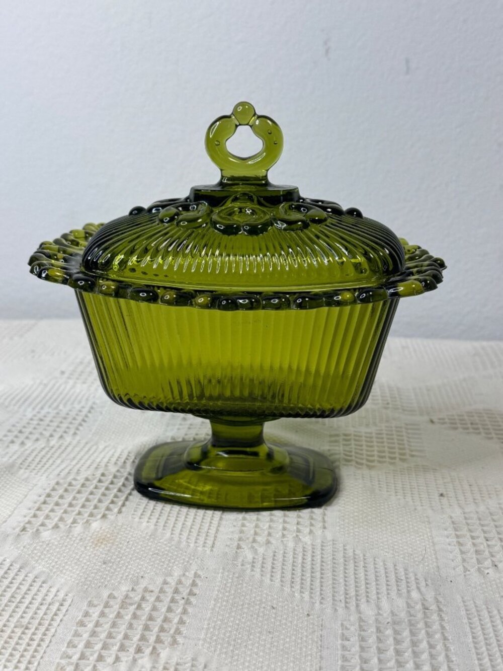 Indiana Glass Old Colony Avocado Green Candy Dish w Lid Vintage Pedestal Bowl